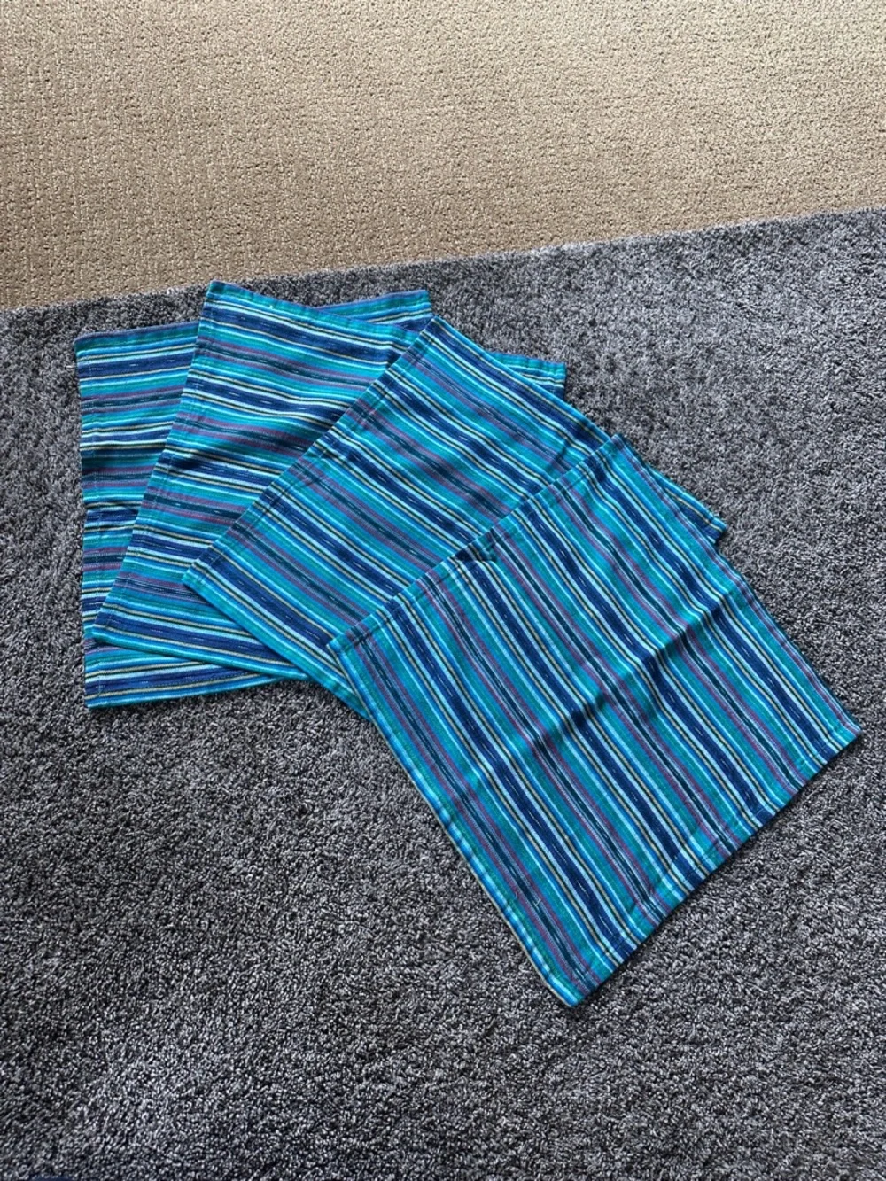 Handmade Authentic Guatemalan Blue Stripe Multicolored set of 4 Cotton Napkins